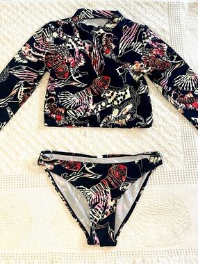 Kids Long Sleeve Rash Guard Bikini Set - Navy with Pink & Cream Print